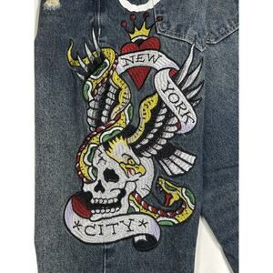 Ed Hardy Jeans Mens 32x30 New York City Eagle Skull Tattoo Embroidered Design